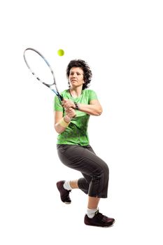 Casual female tennis player isolated on white background
