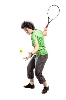 Casual female tennis player isolated on white background