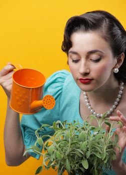 Pretty woman watering plants, retro style
