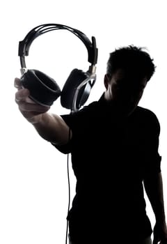 Male in silhouette showing headphones isolated on white background