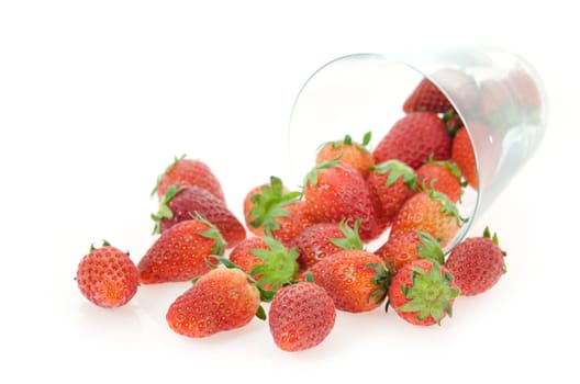 close up red ripe  strawberry spilling out of glass 