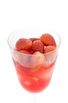 close up ice strawberry juice in glass over white