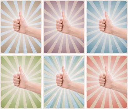 Set of six retro styled or vintage template posters with thumb up success gesture on a different textured grunge backgrounds.