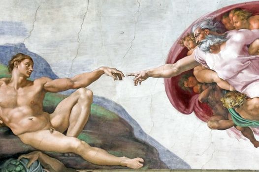 ROME, ITALY - MARCH 08: Michelangelo's masterpiece: The Creation of Adam in Sistine Chapel, Vatican Museum on March 08, 2011 in Rome, Italy