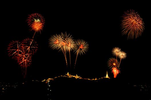 fireworks display above Thai temple on the hill at Khao Wang  Phetchaburi,Thailand