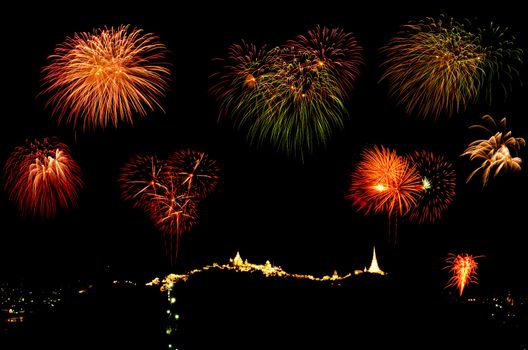 fireworks display above Thai temple on the hill at Khao Wang  Phetchaburi,Thailand