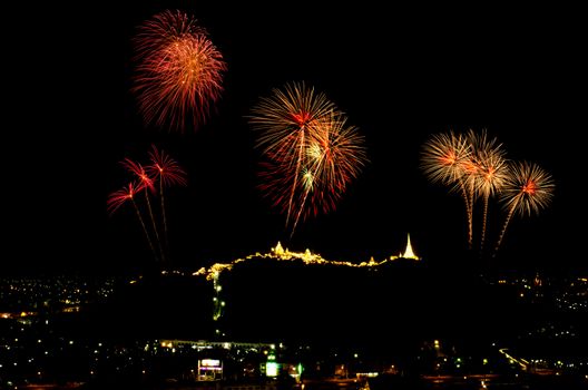 fireworks display above Thai temple on the hill at Khao Wang  Phetchaburi,Thailand