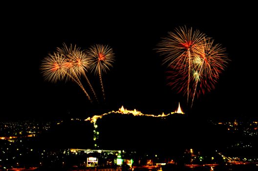 fireworks display above Thai temple on the hill at Khao Wang  Phetchaburi,Thailand