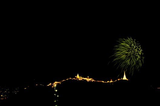 fireworks display above Thai temple on the hill at Khao Wang  Phetchaburi,Thailand