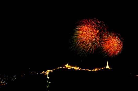 fireworks display above Thai temple on the hill at Khao Wang  Phetchaburi,Thailand