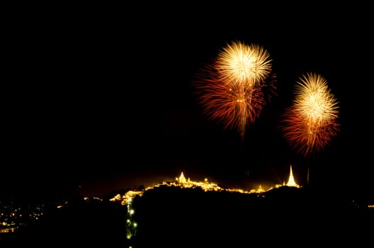 fireworks display above Thai temple on the hill at Khao Wang  Phetchaburi,Thailand