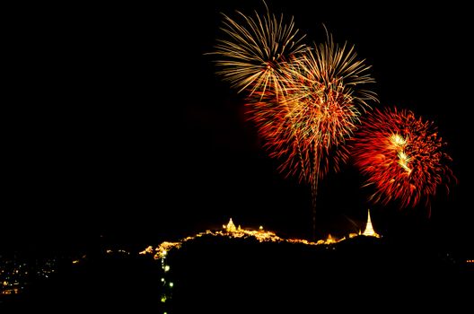 fireworks display above Thai temple on the hill at Khao Wang  Phetchaburi,Thailand