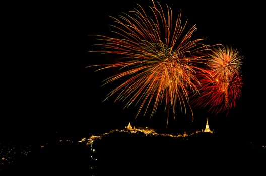 fireworks display above Thai temple on the hill at Khao Wang  Phetchaburi,Thailand