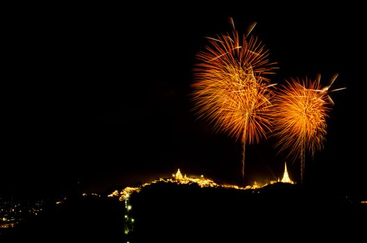 fireworks display above Thai temple on the hill at Khao Wang  Phetchaburi,Thailand