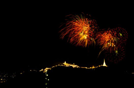 fireworks display above Thai temple on the hill at Khao Wang  Phetchaburi,Thailand