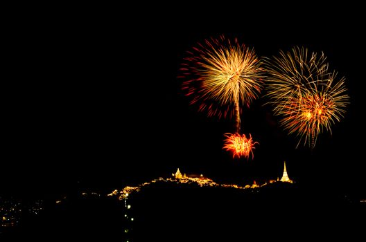 fireworks display above Thai temple on the hill at Khao Wang  Phetchaburi,Thailand