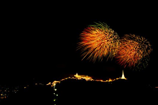 fireworks display above Thai temple on the hill at Khao Wang  Phetchaburi,Thailand