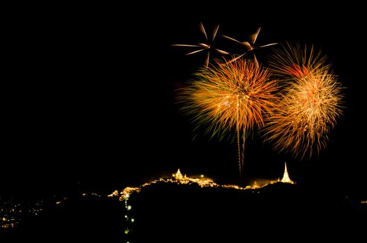 fireworks display above Thai temple on the hill at Khao Wang  Phetchaburi,Thailand