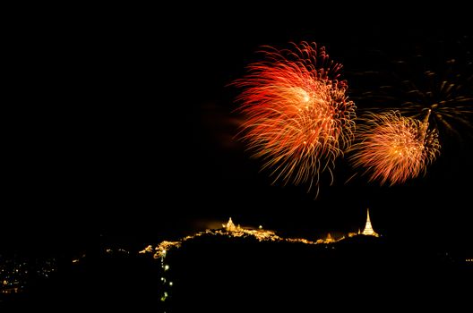 fireworks display above Thai temple on the hill at Khao Wang  Phetchaburi,Thailand