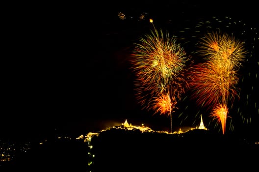 fireworks display above Thai temple on the hill at Khao Wang  Phetchaburi,Thailand