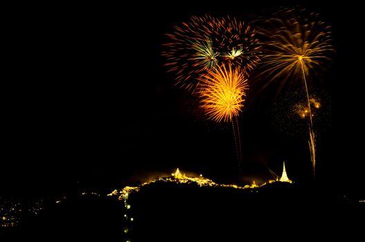 fireworks display above Thai temple on the hill at Khao Wang  Phetchaburi,Thailand