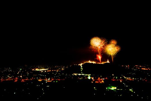 fireworks display above Thai temple on the hill at Khao Wang  Phetchaburi,Thailand