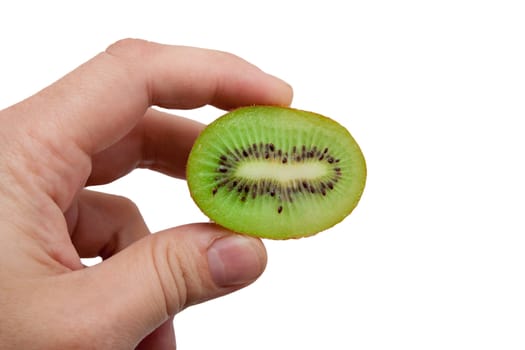 kiwi in hand on white background