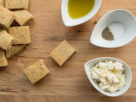 Homemade cottage cheese with olive oil and salt and pepper