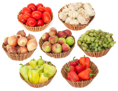 tomato, onion, garlic, peppers, apples and grapes on a white background