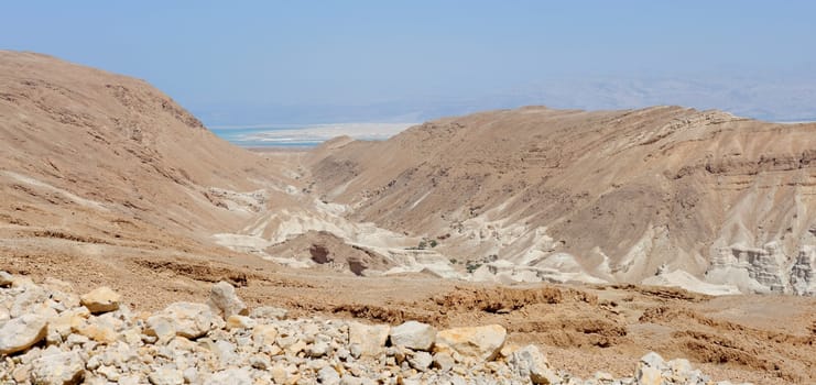 Desert landscape near the Dead Sea at bright noon