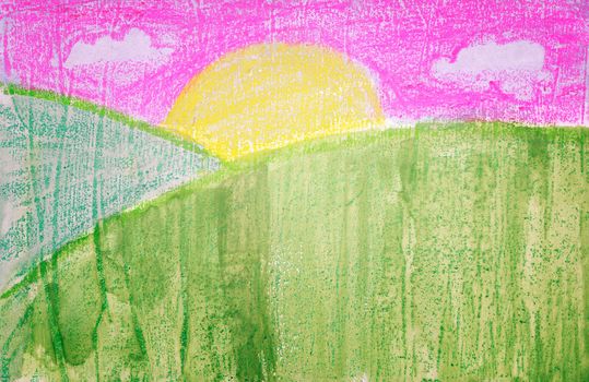 Sunset behind green hills from tempera, crayon and watercolor