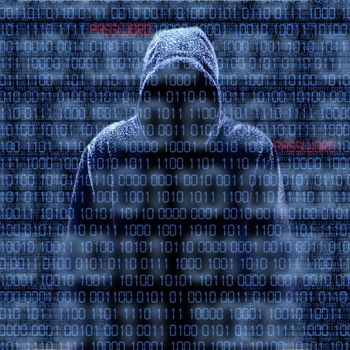 Silhouette of a hacker isloated on black with binary codes on background
