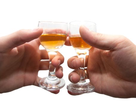 two hand with wine glasses on white isolated 