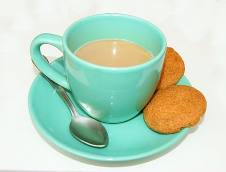 Hot drink coffee and cookie on white background is insulated