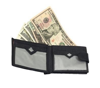 leather black wallet with ten and hundred dollars 