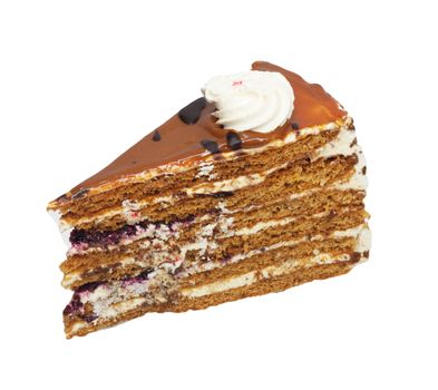 Slice of cream cake with chocolate on the white background 