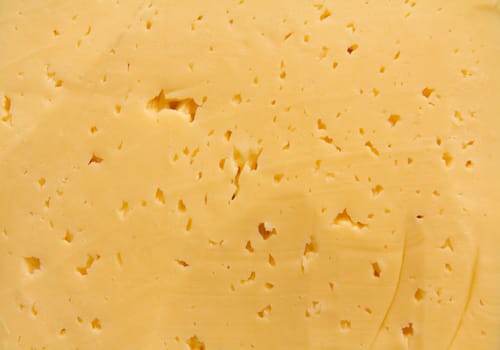 Background of fresh yellow Swiss cheese with holes 