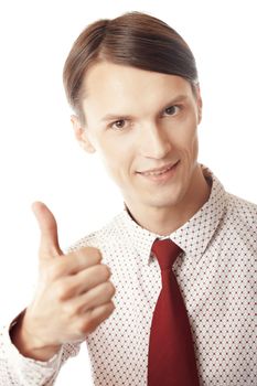 Successful businessman making thumbing up on a white background