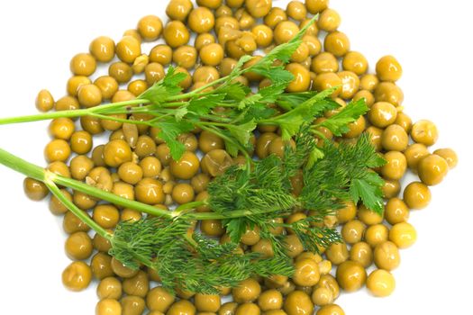 green peas, parsley, dill, on a white background