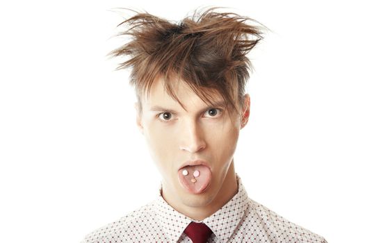 Businessman in stress with pillows in his mouth