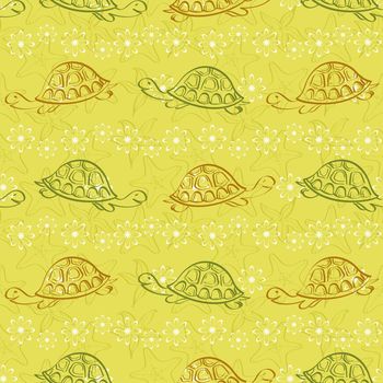 Seamless pattern, sea turtles, starfishes and flower, contours on yellow background.