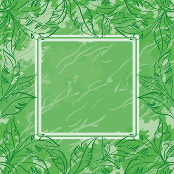 Abstract green floral background. Contour leaves, frame and grunge pattern.