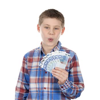 Cute boy with euro notes on white background