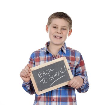 cute boy holding slate on white background