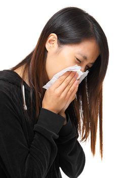 cold sneezing asian woman