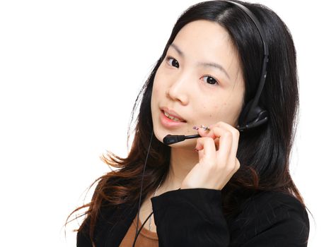 asian woman wearing headset