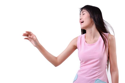 Sad beautiful woman standing against a white background