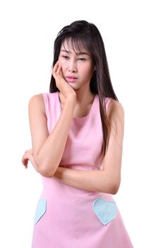 Sad beautiful woman standing against a white background