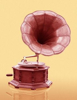 Vintage Gramophone with disc isolated on grunge background