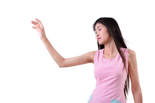 Sad beautiful woman standing against a white background